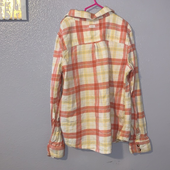 O’Neill plaid orange yellow beige long sleeve button down flannel top - Picture 4 of 6